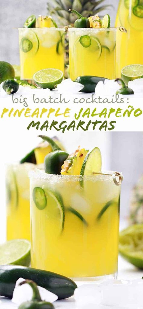 Big Batch Cocktails: Pineapple Jalapeño Margaritas - Peanut Butter and Fitness Big Batch Beach Cocktails, Margarita Party Ideas, Large Batch Margarita Recipe, Pineapple Jalapeno Margarita, Big Batch Cocktails, Pitcher Margarita Recipe, Margarita Pitcher, Pineapple Margarita Recipe, Spicy Margarita Recipe