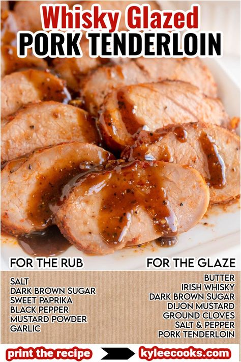 Looking for a delicious and easy dinner? This Whisky Glazed Pork Tenderloin combines a savory spice rub with a rich, buttery whiskey glaze for a tender, juicy dish that everyone will love! Whiskey Marinade, Best Pork Tenderloin Recipe, Glazed Pork Tenderloin, Pork Tenderloin Medallions, Whiskey Glaze, Savory Spice, Bacon Dishes, Bourbon Glaze, Pork Recipes Easy