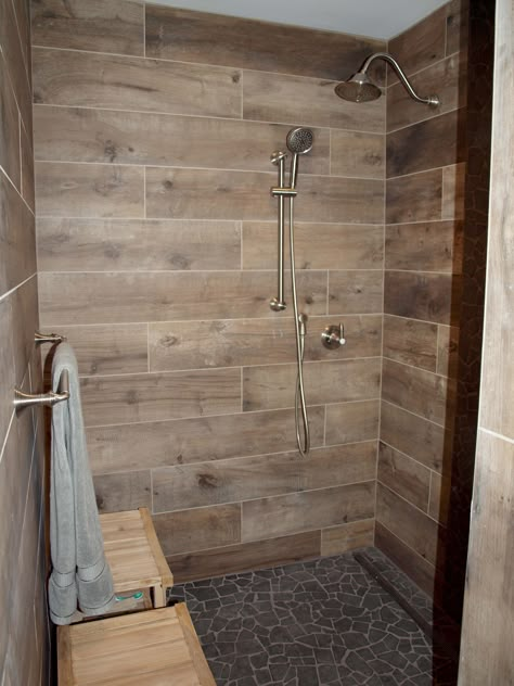 Wood Look Tile Bathroom, Wood Tile Shower, Makeover Kamar Mandi, Wood Tile Bathroom, Bathroom Shower Design, Cabin Bathrooms, Rustic Bathroom Designs, Revere Pewter, Bathroom Shower Tile