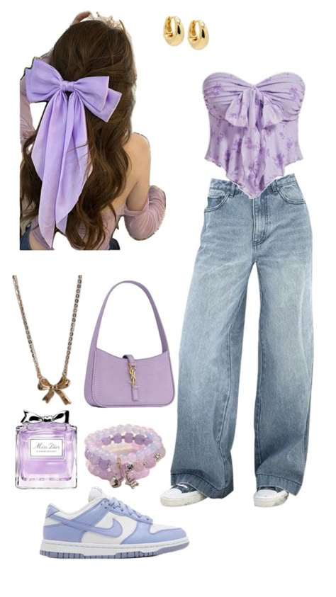 Girly Outfits Purple, Light Purple Aesthetic Clothes, Lavender Outfit Ideas Casual, Purple Concert Outfit Ideas, Birthday Outfits Purple, Light Purple Outfit Ideas, Purple Top Outfit Ideas, Olivia Rodrigo Outfits Casual, Lavender Aesthetic Outfit