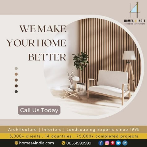 We make sure your interior design perfectly reflects your personality and your way of life. At Homes4India, we have been bringing joy and satisfaction to each of our 5,000+ clients since 1997, and we're still going strong. Call us today on 08551999999 or visit us at homes4india.com to explore our interior designs, architectural & landscaping services. #homedecor #homedesign #interiors #interiordesigner #architecture #landscaping #homes4india #homesforindia Modern Cozy Interior Design, Interior Design Poster, Interior Design Instagram, Cozy Interior Design, Real Estate Marketing Design, Estate Design, Creative Interior Design, Real Estates Design, Studio Interior Design