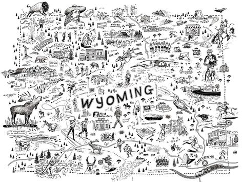 Wyoming Map, Map Illustrations, Banks Ads, Art Room Posters, Illustrated Maps, Jackson Wyoming, Devils Tower, First Bank, Communication Art