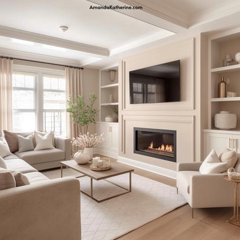 31 Stunning Fireplace Wall Ideas with a TV for your Living Room - Amanda Katherine Fireplace Ideas Living Room With Tv, New House Living Room Ideas, Renovated Living Room, Living Room Fireplace Tv Wall, Small High Ceiling Living Room Modern, Bedroom With Chimney Wall, Vanilla Latte Color Wall Living Room, Media Wall With Panelling, Neutral Living Room With Fireplace