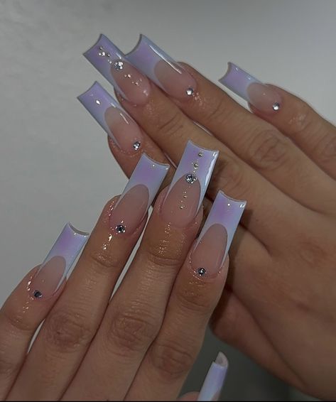 Purple French Tip With Gems, Purple Frenchies Nails, Purple French Tip Birthday Nails, Long Purple French Tip Nails, Blue Long French Tip Nails, Light Purple Nails, Purple Nails, Dope Nails, French Nails