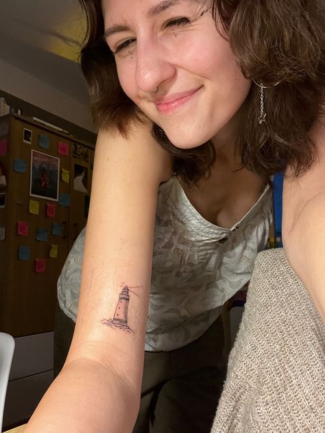 Tattoo Ideas Lighthouse, Light House Tattoo Minimalist, Cornwall Tattoo Ideas, Dainty Lighthouse Tattoo, Fine Line Lighthouse Tattoo, Maine Inspired Tattoo, Light Tower Tattoo, Light House Tattoo Design, Lighthouse Tattoo Simple