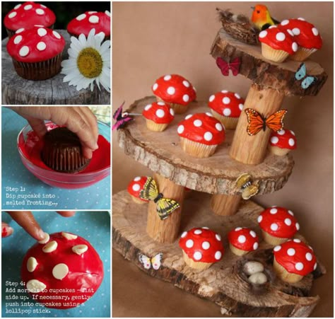 How to DIY Toadstool Cupcake on Fairy Garden Stand | www.FabArtDIY.com LIKE Us on Facebook ==> https://www.facebook.com/FabArtDIY Cupcakes Bonitos, Mushroom Cupcakes, Garden Cupcakes, Fairy Garden Mushrooms, Forest Party, Fairy Garden Party, Fairy Cake, Fairy Birthday Party, Woodland Birthday