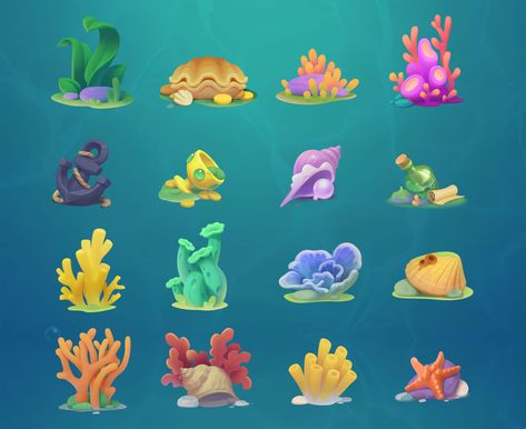 Underwater Game Art, Ocean Stickers, Painting Characters, App Design Layout, Game Map, Art Content, Environment Props, Sea Plants, Map Ideas