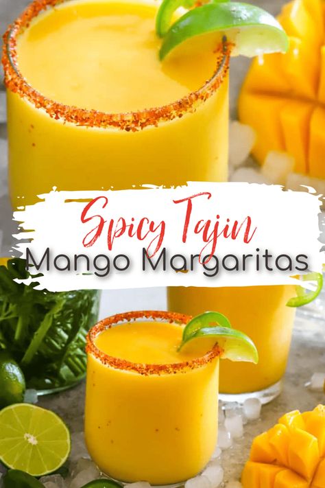 This Spicy Mango Margarita with Tajin is a spicy, fruity twist on the classic Mexican Margarita Cocktail! Bursting with tropical flavors and spicy zing, it's perfect for summertime sipping on a hot summer day. #margarita #mango #cocktail #summerdrinks Spicy Mango Margarita Recipe, Spicy Mango Margarita, Mango Jalapeno Margarita, Mexican Fruit Salads, Mango Margarita Recipe, Spicy Margarita Recipe, Frozen Mango Margarita, Mango Cocktail, Mexican Cocktails