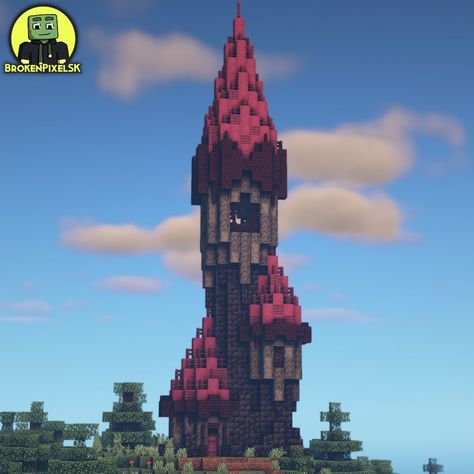 Dark/Nether themed wizard tower in Minecraft! Nether Tower Minecraft, Minecraft Towers Ideas, Witches Tower Minecraft, Minecraft Nether Portal Design Medieval, Minecraft Dark Aesthetic Builds, Tower Minecraft Ideas, Nether Themed Minecraft House, Nether Themed Builds, Wizard Tower Minecraft Easy