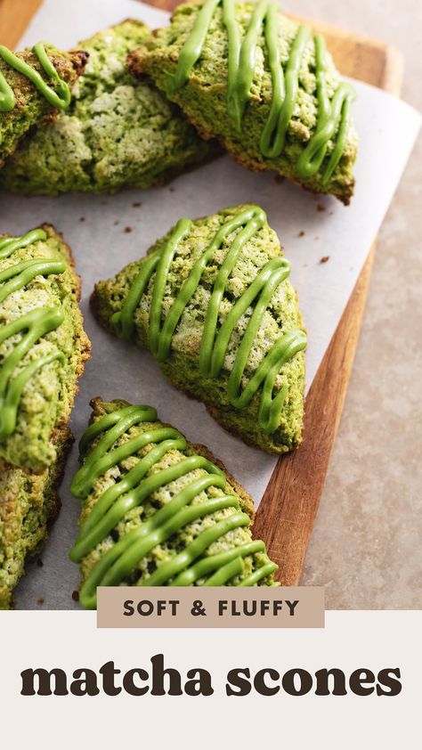 These matcha scones are soft and fluffy with crispy edges and sweet matcha icing on top. No dry or dense scones here! They're a fun matcha green tea twist on classic scones. #matcha #scones | teakandthyme.com Sweet Matcha Recipes, Savory Matcha Recipes, Tea Sweets, Recipes With Matcha, Matcha Scones Recipe, Matcha Recipes Baking, Baking With Matcha, Matcha Gelato, Macha Dessert