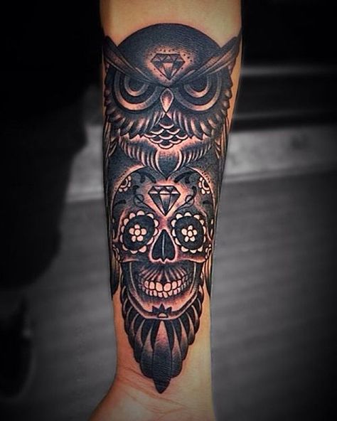 best sugar skull and owl tattoo designs Owl And Skull Tattoo Design, Skull Owl Tattoo, Owl And Skull Tattoo, Owl Skull Tattoos, Mechanical Owl, Tattoos Arm Mann, Owl Tattoo Meaning, Owl Skull, Kunst Tattoos