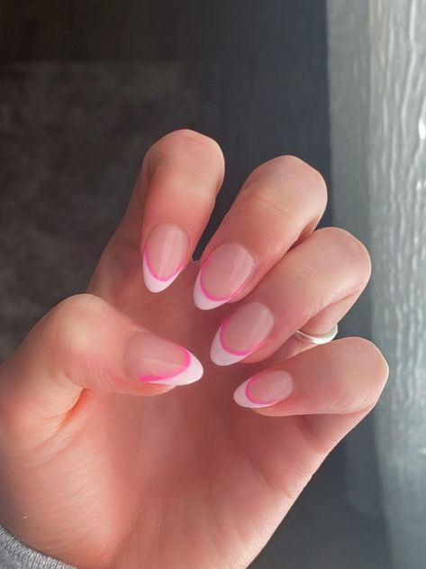 Gel Extensions Ideas, Two Tone Pink French Nails, Basic Nails Almond, Nail Inspo Almond French Tip, Almond Nails Designs Simple, Basic Acrylic Nail Designs, Bright French Tip Nails, Solid Color Almond Nails, Clean Summer Nails