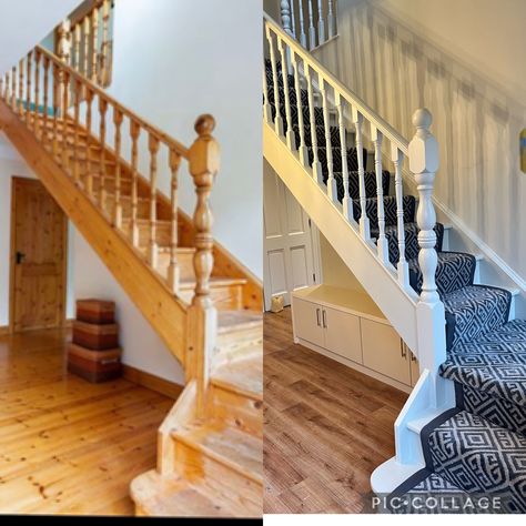 Pine flooring is replaved with oak. Pine staircase and doors painted with Farrow & Ball Slipper satin Pine Staircase, Farmhouse Hallway, Stair Renovation, Pine Flooring, White Staircase, Staircase Runner, Cottage Vibes, Stairs Landing, Oak Stairs