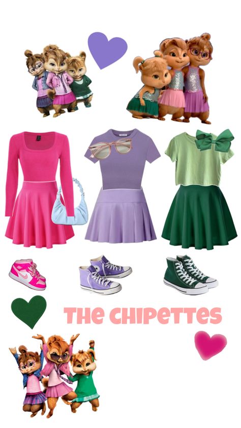 Halloween chipettes costume idea 🩷💜💚 Janette Chipmunk Costume, Chippetes Halloween Costume, Chipettes Costume Ideas, Eleanor Chipette Costume, Chippetts Costume Halloween, Britney Chipette Costume, Chipsets Costume, The Chippetes Costume, Halloween Costumes Chipettes