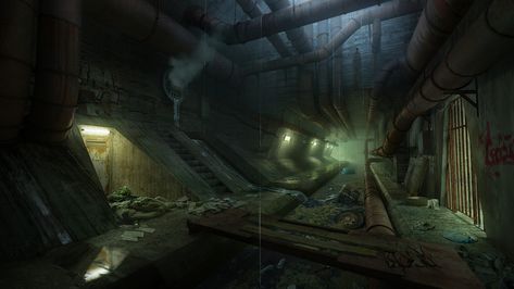 Sewer, Tarmo Juhola on ArtStation at https://www.artstation.com/artwork/xz9aJX Ruined City, Samurai Artwork, Rpg Map, Paintings And Drawings, Call Of Cthulhu, Fantasy Art Landscapes, Cyberpunk Art, City Design, Environment Concept Art