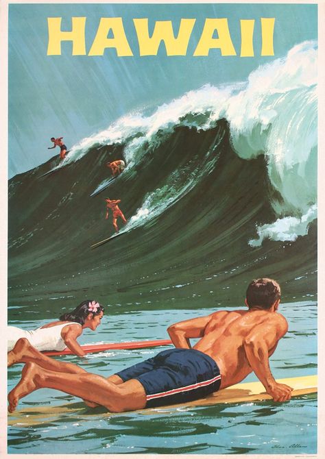 Surf Table, Vintage Surfing, Surf Vintage, Big Wave Surfing, Surf Poster, Retro Surf, Mid Century Wall Art, Tropical Travel, Hawaii Surf