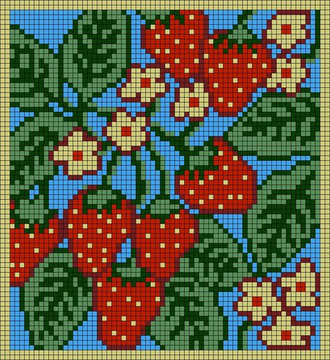 Pixel Strawberry, Strawberry Pixel Art Grid, Strawberry Knitting Chart, Strawberry Pixel Grid, Crochet Grid Patterns Strawberry, Kandi Patterns, Leaf Nature, Crochet Tapestry, Nature Aesthetic