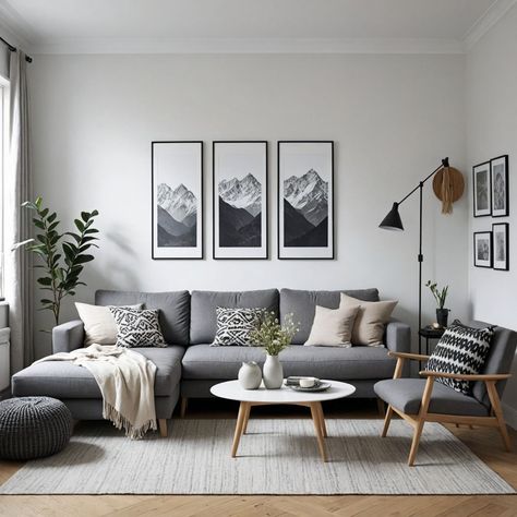 Minimalist Gray Living Room, Scandi Living Room Grey Sofa, Light Grey Sofa Living Room Ideas Modern, Monochrome Minimalist Interior, Grey Couch Mood Board, Grey Scandinavian Living Room, White Grey Black Living Room, Living Room Designs Gray, Modern Minimalist Living Room Minimalism Interior Design