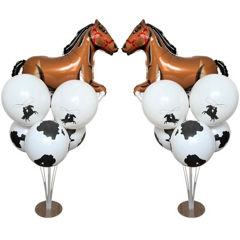 PRICES MAY VARY. Complete Western Theme Kit: This balloon stand kit includes 2 horse balloons, 12 cow print balloons, 8 cowboy on horse with lasso balloons, and 2 sturdy stands for easy setup. Perfect for Birthday Parties: Ideal for ""My First Rodeo"" themed birthday parties, cowboy and western celebrations, and horse-themed events. Easy to Assemble: The balloon stands are simple to set up and provide a stable base for your western-themed balloons, creating an eye-catching centerpiece. High-Qual Cowboy 2nd Birthday Party Boy, 2nd Rodeo Birthday Party Boy, My First Rodeo Centerpieces, Cowboy Theme Party Decorations, Cowboy 1st Birthday Party, Cowboy Baby Shower Centerpieces, My 1st Rodeo Birthday Party, My First Rodeo Birthday Boy Decorations, Cowboy Party Centerpiece