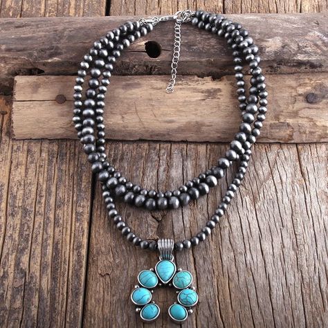 Boho Layered Bead & Squash Blossom Necklace Chic, Bohemian Gray Beaded Necklace With Turquoise Squash Blossom Pendant. Choker Style 16-1/2” End To End 2-1/4” Pendant 3” Extender Chic, Boho, Hippie, Tribal, Statement, Silver, Turquoise, Gypsy, Beach, Trendy, Festival Bohemian Coast Cowgirl, Gray Beaded Necklace, Turquoise Squash Blossom, Multi Layer Necklace, Squash Blossom Necklace, Squash Blossom, Feather Necklaces, Western Jewelry, Lariat Necklace