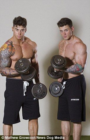 Twin brothers have matching 44 inch chests thanks to identical exercise regime and diets | Daily Mail Online Lewis Harrison, Harrison Twins, Barbell Press, Dollan Twins, Dumbbell Shoulder, T Bar Row, Armband Tattoos, Identical Twins, Playing Football