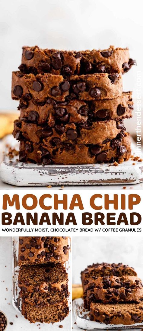 Mocha Chip Banana Bread is the perfect moist quick bread with wonderful coffee and chocolate flavor from coffee granules and chocolate chips. Mocha Bread Recipe, Coffee Banana Bread, Mocha Desserts, Homemade Cinnamon Rolls Easy, Chocolate Chip Banana Bread Recipe, Coffee Bread, Banana Bread Recipe Healthy, Chocolate Chip Bread, Mocha Chocolate