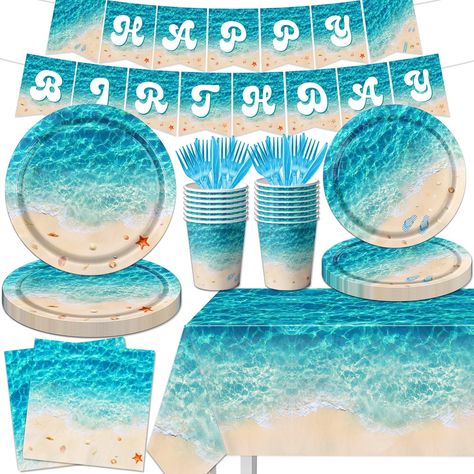 PRICES MAY VARY. 【Ocean Themed Party Decorations】You will receive 142pcs ocean birthday party decorations includes: 1pc happy birthday banner, 1pc ocean tablecloth, 40pcs ocean sea plates (2 sizes), 20pcs cups, 40pcs beach napkins, 20 knives and forks, our beach themed party decorations will bring you a joyful atmosphere. 【Beach Birthday Decorations】The ocean sea plates and napkins, cups are made of safe and non-toxic material. The ocean tablecloth is made high quality plastic, easy use and stor One Year Old Ocean Birthday, Beach Party Set Up Ideas, Bora Bora Themed Party, Beach Birthday Ideas, Ocean Party Ideas, Beach Birthday Party Decorations, Beach Birthday Party Ideas, Ocean Theme Birthday Party, Beach Themed Birthday Party