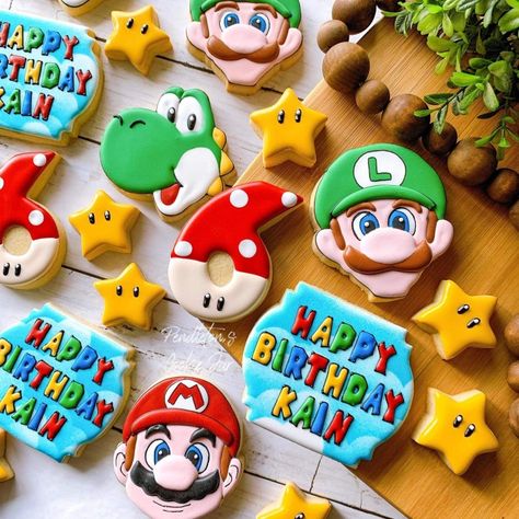 Mario Kart Cookies, Mario Birthday Cookies, Mario Kart Birthday Cookies, Mario Cookie Cake, Mario Cookies Decorated, Mario Cookies, Super Mario Cookies, Mario Sugar Cookies, Super Mario Cookies Decorated