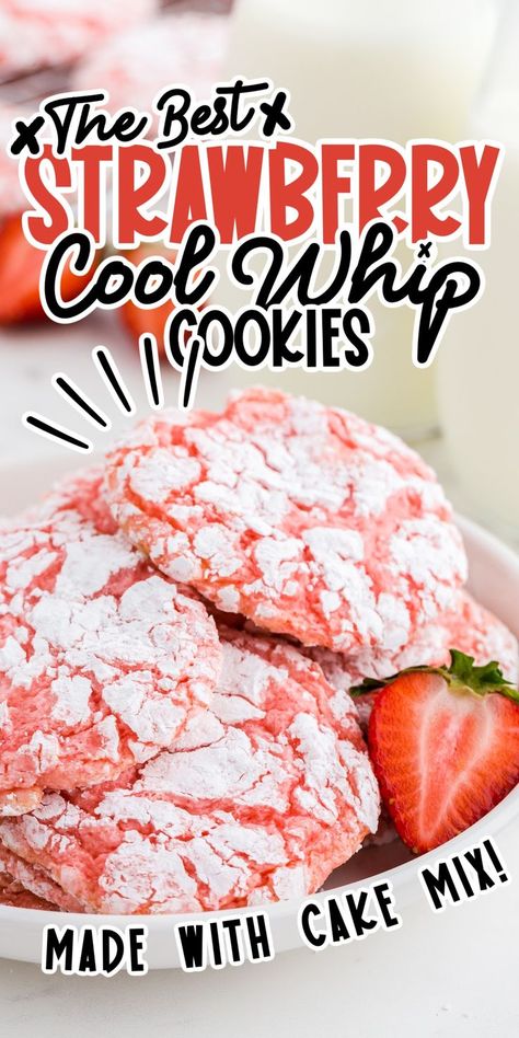 Strawberry Crinkle Cookies, Strawberry Cake Mix Cookies, Lemon Cake Mix Cookies, Cool Whip Cookies, Crackle Cookies, Fall Favorites Recipes, Crinkle Cookies Recipe, Tasty Cookies, Strawberry Cake Mix