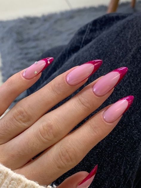 Magenta Nails French Tips, Pink French Design Nails, French Pink Chrome Nails, Pink Nails With Red French Tip, Pink Crome Nails French Tip, Pink French Tip Nails Chrome, Red And Pink French Tip, Pink French Nails Acrylic, Pink And Red French Tip Nails