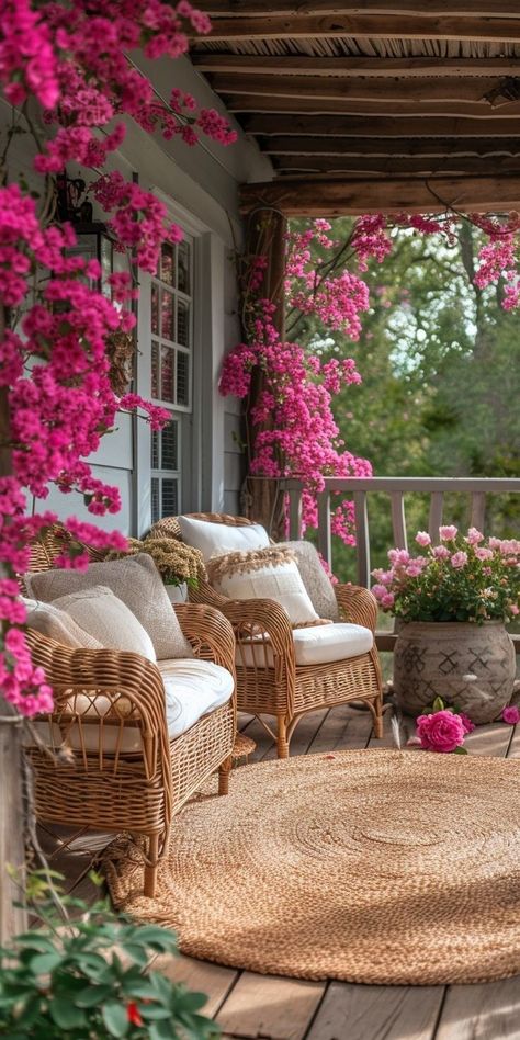 French Cottage Front Porch, Outdoor Front Porch Ideas, Small Porch Decorating, Cozy Porch, Spring Gardens, Small Porch, Spring Planter, Spring Porch Decor, Cottage Porch