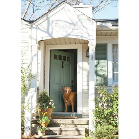 Pictured here is the color Caldwell Green from @benjaminmoore 1940s Bungalow, Cozy Cottage Kitchen, Cottage Journal, Cottage Exteriors, 1940s Home, Unique Plates, Antique Light Fixtures, Classic Cottage, Interior Windows