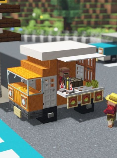 Minecraft City Decoration Ideas, Minecraft Pop Up Shop, Minecraft Pottery Shop, Grocery Store Minecraft Ideas, Minecraft Fast Food Places, Minecraft Shopping Cart, Store Ideas Minecraft, Minecraft Stores Ideas Interior, Minecraft Garage Interior