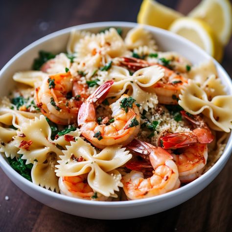 How To Make Recipe Name Bow Tie Pasta with Lemon Garlic Shrimp Print A flavorful pasta dish with tangy lemon garlic shrimp and bow Recipes With Shrimp, Bow Tie Pasta Recipe, Pasta With Lemon, Sweet Custard, Healthy Pasta Dishes, Lemon Garlic Pasta, Bow Tie Pasta, Salad Appetizer, Lemon Garlic Shrimp