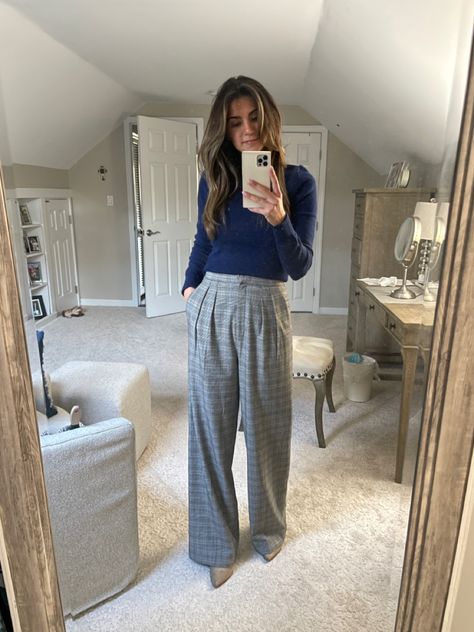 Blue And White Plaid Pants Outfit, Plaid Navy Pants Outfit, Plaid Wide Leg Formal Pants, Sweater And Dress Pants, Blue Plaid Pants Outfit, Navy Blue Blouse Outfit, Dusty Blue Plaid Pants, Grey Plaid Pants Outfit, Blue Blouse Outfit