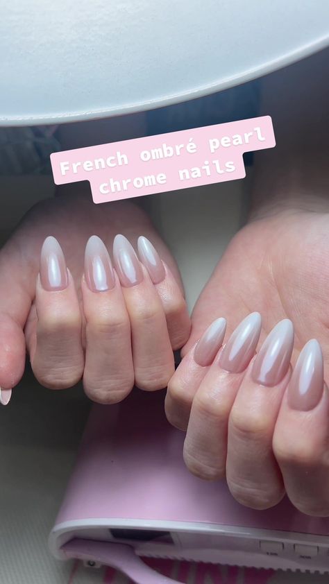 Watch me create this beautiful french ombré pearl chrome set! #softgel... | Ombre Nails | TikTok Pearl Ombre Nails Almond, French Ombre With White Chrome, French Ombre With Chrome, French Ombre Chrome, French Ombre Chrome Nails, Chrome Nails Diy, Pearl Chrome Nails, Umbre Nails, Nails Tiktok