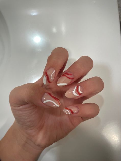 Red And White Nails Almond Shape, Red And White Swirl Acrylic Nails, Red And White Acrylic Nails Almond, Red And White Abstract Nails, White And Red Almond Nails, Crimson And White Nails, Graduation Nails Red And White, White Nails Red Design, Red And White Graduation Nails