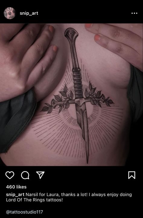 Ren Faire Tattoo, Astarion Back Tattoo, Chest Dagger Tattoo, Sternum Tattoo Dagger, Astarion Tattoo Idea, Dagger Back Tattoo, Dagger Chest Tattoo Female, Dagger Sternum Tattoo, Tattoo Underbust