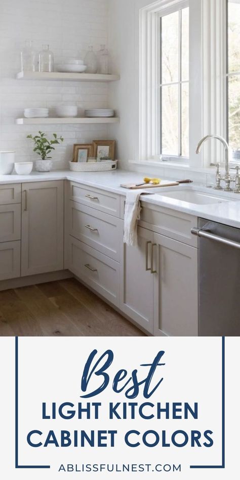 Light kitchen cabinet colors are here to make your space feel bigger and brighter! From timeless whites to soft creams and pale blues, these cheerful colors instantly elevate your kitchen's aesthetic and create a welcoming ambiance. #lightkitchencabinets #kitchencabinetcolors #kitcheninspo Pale Kitchen Cabinets, Cabinet Color With White Walls, Light Painted Kitchen Cabinets, Kitchen Cabinet Color Ideas White, Light Kitchen Cabinet Colors, Best Warm White Cabinet Color, Best White Paint For Low Natural Light, Most Popular White Paint For Cabinets, Best Kind Of Paint For Kitchen Cabinets