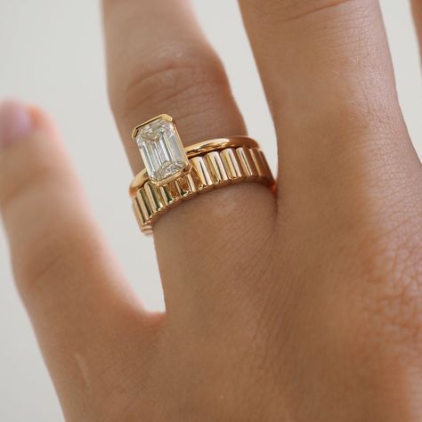 Yellow Gold Stacked Wedding Rings, Two Stone Engagement Ring Stack, Ribbed Wedding Band, Engagement Rings Emerald Cut Gold, Wedding Band For Emerald Cut Ring, Thick Wedding Band With Engagement Ring, Ring Band Styles, Wedding Band Stack Ideas, Thick Wedding Band