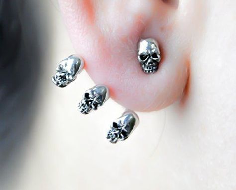 - One Skull Stud w/ Three Wrap Around Skull Earrings - You get a pair of earring (2) one for each ear. - Each Skull is .25" - Pewter Metal - UNISEX - Great for Men or Women - Surgical Steel / hypoallergenic Post Base Rocker Outfits, Skull Earring, Gothic Bracelet, Skull Clothing, Skull Lover, Earring Stud, Skull Fashion, Skull Jewelry, Skull Earrings