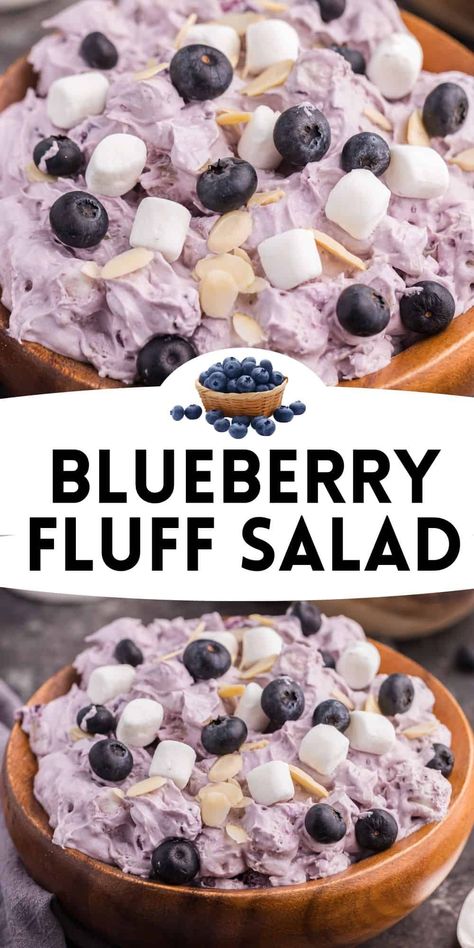 Blueberry fluff is a cool and creamy no-bake dessert salad made with blueberry pie filling, sweetened condensed milk, Cool Whip, pineapple chunks, sliced almonds, and mini marshmallows. The simple recipe takes 5 minutes to make and is perfect Spring and Summer parties, potlucks, and backyard BBQs. Blueberry Fluff Salad, Blueberry Fluff, Fluff Salad Recipes, Fluff Salad, Blueberry Salad, Canned Blueberries, Fluff Recipe, Blueberry Pie Filling, Trifle Dish