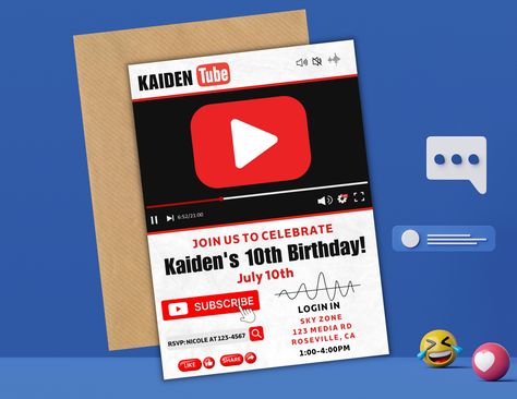 Editable Youtube Invitation, Social Media Party, YouTube Birthday Party, Social Media Invitations, Influencer party, Instant Download Youtube Party Invitations, Youtube Birthday Party, Influencer Party, Media Party, Youtube Birthday, Youtube Party, Social Media Party, Sky Zone, 10th Birthday