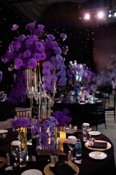 Black White And Purple Wedding Centerpieces, Dark Purple Bridal Shower Ideas, Royal Purple And Silver Wedding, Sweet 16 Purple And Black Theme, Purple Blue Black Wedding, Black And Purple Wedding Reception, Black And Purple Table Decor, Black And Purple Wedding Theme Receptions, Purple Flower Decor