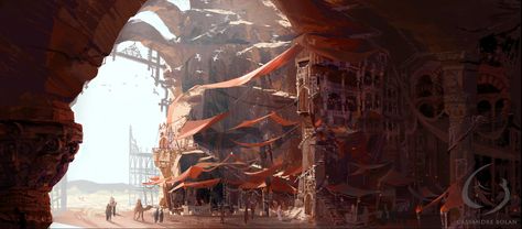 Desert Cave Market City Photobash, Cassandre Bolan on ArtStation at https://www.artstation.com/artwork/yy0WQ Desert Cave, Concept Art Environment, Underground City, Cave City, Art Environment, Desert Ideas, Dark Sun, Landscape Concept, Fantasy City