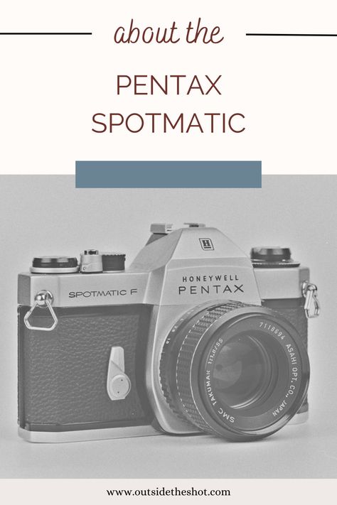 The Asahi Pentax Spotmatic, introduced in 1964, is a 35mm film SLR camera revered for its innovative through-the-lens metering. It comes in several versions including Spotmatic (SP), Spotmatic II (SPII), Spotmatic F (SPF), ES, ES II, and Electro Spotmatic, each with unique features like electronic shutters or open-aperture metering. Despite its age, the Spotmatic remains a favorite among vintage camera enthusiasts. Pentax Spotmatic, Pentax K1000, Lens Aperture, Fast Shutter Speed, Pentax Camera, Light Meter, Film Cameras, Vintage Cameras, Photography Equipment