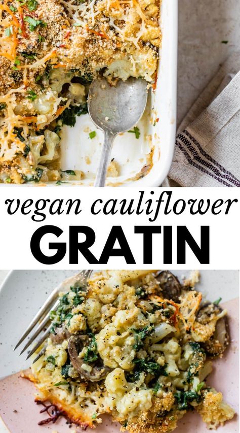 This cheesy, yet dairy free Vegan Cauliflower Gratin is the perfect side dish for holidays or family dinners. Loaded with veggies and ready in 30 minutes! Vegan Cauliflower Gratin, Veggie Dairy Free Recipes, Vegan Broccoli Casserole Recipes, Cheesy Vegan Recipes, Vegan Recipes With Cauliflower, Broccoli Cauliflower Recipes Vegan, Vegan Vegetable Gratin, Whole 30 Recipes Vegan, Vegan Fall Casserole Recipes