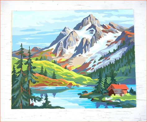 Landscape Paint By Number, Paint By Number Landscape, Painting Mountains, Number Painting, Mountain Landscape Painting, Canvas Art Projects, Living Vintage, Texture Painting On Canvas, Gouache Art