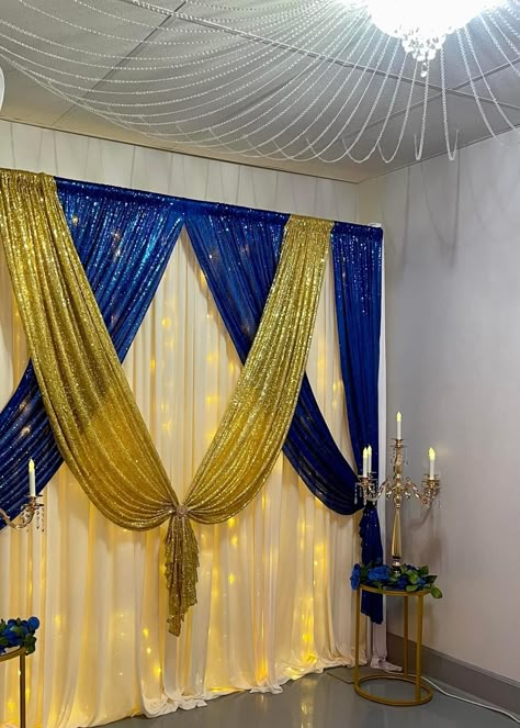 Royal Blue And Gold Quinceanera Main Table, Ordination Decorations Ideas, Royal Blue And Gold Backdrop, Blue And Gold Backdrop, Royal Blue And Gold Quinceanera, Royal Blue Backdrop, Graduation Background, Party Rental Ideas, Royal Blue Wedding Theme