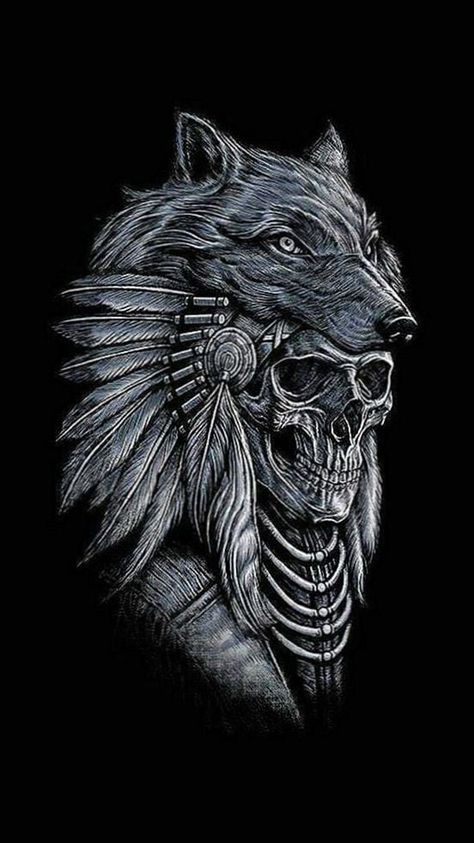 Wolf Skull Tattoo, Wallpapers Wolf, Indian Head Tattoo, Wolf Pack Tattoo, Wolf Headdress, Indian Skull Tattoos, Headdress Tattoo, Indian Wolf, Madara Susanoo